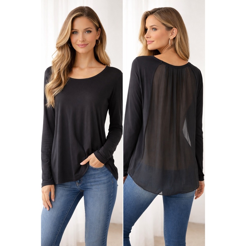 Clu Mixed Media Top Womens Large‎ Black Silk Sheer Back Cotton Knit Minimalist